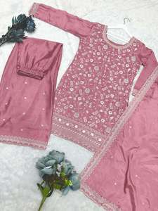Ensemble haut et palazzo rose pâle avec dupatta, broderie de fils et sequins, style designer Chinon 72544 - Product Image 2