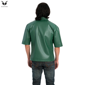 Deep Green <b>Half</b>-Sleeve Stand Collar Breathable Lightweight Comfortable Men's Pu Leather <b>Shirts</b> New Arrival Trendy Outerwear - Product Image 4