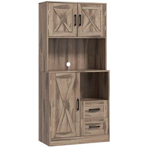 Mobile dispensa da cucina stile rustico da 71 pollici con anta a vetro, piano d'appoggio per forno a microonde, ripiani regolabili in resina, finitura grigia - Product Image 1