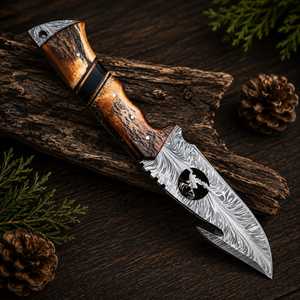 Couteau de chasse en acier de Damas, lame à pointe tombante avec manche en bois pour usage extérieur - Product Image 4