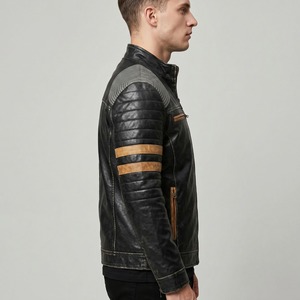 Custom Men Vintage Black Leather <b>Jacket</b> Quilted Shoulder <b>Biker</b> Moto <b>Jacket</b> Wholesale Cafe Racer Leather <b>Jacket</b> Manufacturer - Product Image 3