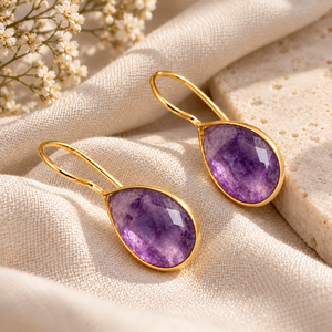 Amethyst Teardrop Gemstone Earrings | Handmade Gold Plated Dangle Earrings | Bezel <b>Set</b> <b>Gift</b> For <b>Women</b> - Product Image 6
