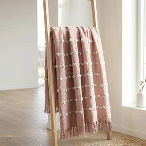 Plaid décoratif en coton tissé à motif quadrillé beige, couverture à pompons touffetés, décoration intérieure neutre - Product Image 2