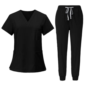 <b>Women</b> <b>Burgundy</b> Scrub Set V Neck Short Sleeve <b>Top</b> With Pockets Matching Drawstring Pants Hospital Uniforms - Product Image 2
