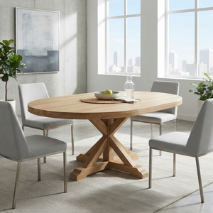<b>Solid</b> <b>Wood</b> Round Dining Table Modern Rustic Pedestal Cross Base Natural Teak Style Wooden Table Home Dining Room Furniture <b>Desk</b> - Product Image 3