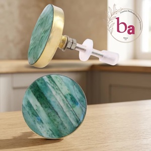 Ba Round Brass Cabinet Knob with Jade Green Resin Inlay Industrial Kitchen Drawer Handle Easy Installation Home Office Apartment - Product Image 1