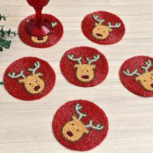 Sous-verres et sets de table antidérapants en polyester et coton rouge, motif renne de Noël bohème, 300 mm de diamètre, 3 mm, écologiques, faits à la main, pour boissons - Product Image 6