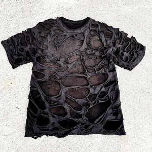 เสื้อยืดผู้ชายสไตล์พังก์ขาดๆ แบบโอเวอร์ไซส์ ดีไซน์รูๆ สตรีทแวร์ ฮิปฮอป กรันจ์ แฟชั่นลำลอง - Product Image 2