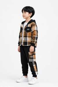 Ensemble de survêtement pour garçons ONETEN APPAREL, veste à capuche en coton à carreaux marron, pantalon à ourlet fendu, tenue d'hiver - Product Image 2