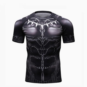 Camiseta Deportiva Ajustada de Compresión para Hombre, Negra con Estampado Tribal Blanco, Cuello Redondo, Manga Corta, Poliéster que Absorbe la Humedad - Product Image 2
