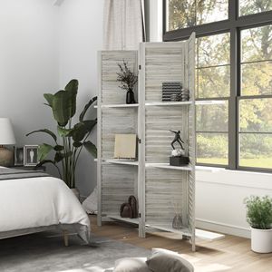 4-Panel 67\" Tall Distressed White Wood Privacy <b>Screen</b> Room Divider 3 Shelves <b>Folding</b> Storage for Bedroom Traditional Design - Product Image 2