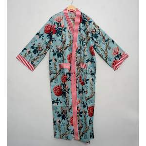 Kimono artisanal 100% coton indien, motif floral bohème, ceinture à nouer, poches, imprimé sérigraphié, robe longue décontractée - Product Image 1