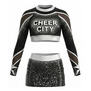 Ensemble d'uniformes de cheerleading Cheer City avec strass, noir et argent, haut court à manches longues et jupe à sequins, pour adolescentes, tenue de compétition, fournisseur - Product Image 1