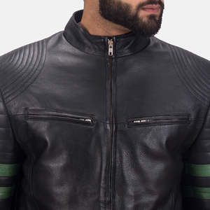 Veste de moto en cuir véritable noir pour homme avec manches rayées vertes, col montant, fermeture éclair, coupe ajustée, style moto - Product Image 3