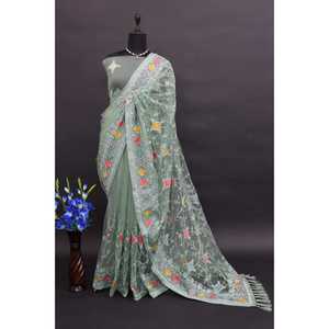 Sari en soie de créateur pour mariages, broderie multicolore au fil et au zari - Product Image 3