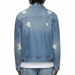 แจ็คเก็ตยีนส์คุณภาพสูงแบบซิป ตัดเย็บแบบขาดๆ ขอบดิบ ล้างสีอ่อน คอปกพับได้ ทรงครอปท็อป สไตล์ฮิปฮอป สำหรับผู้ชาย - Product Image 6
