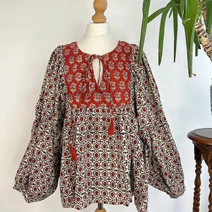 Haut chemisier décontracté Boho pur coton imprimé floral terreux indien Bagru Block débardeur brodé vêtements d'été - Product Image 1