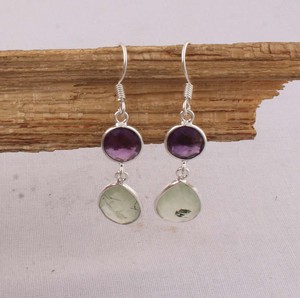 Natural Prehnite & Amethyst <b>Earrings</b> 925 Sterling Silver Multi-Stone Drop <b>Earrings</b> <b>Handmade</b> Wholesale Gemstone Jewelry - Product Image 2