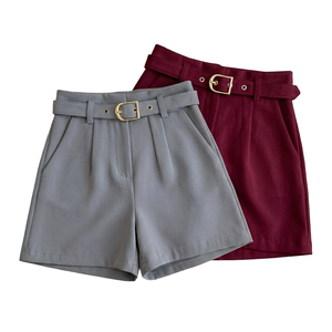 Shorts taille haute unis avec ceinture pour femme, décontractés, tissés, coupe droite, gris, rouge - Product Image 3