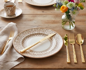 Juego de cubiertos dorados de 5 piezas, elegante juego de cubiertos con mango martillado, apto para lavavajillas, para bodas, cenas formales y restaurantes. - Product Image 3