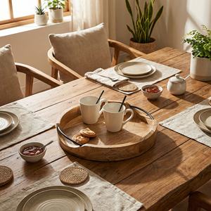 ถาดเสิร์ฟไม้มะม่วงทรงกลมสไตล์เรียบง่าย พร้อมหูจับเหล็ก ถาดไม้ทำมือสำหรับห้องครัวและโต๊ะอาหาร เหมาะสำหรับบ้าน โรงแรม ร้านอาหาร - Product Image 2