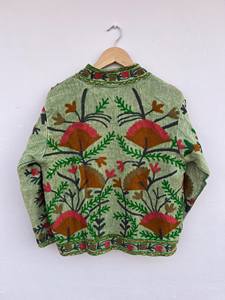 Chaqueta Floral de Algodón Reversible Bordada en Verde Invierno, Hecha a Mano, Talla Grande, Diseño Étnico Tradicional - Product Image 5