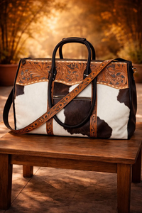 กระเป๋าเดินทางหนังวัวแท้ลายตะวันตกพร้อมดีไซน์แกะสลักด้วยมือ – กระเป๋าสะพายไหล่สไตล์วินเทจสำหรับวันหยุดสุดสัปดาห์ - Product Image 6
