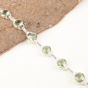Pulseras de amatista verde natural, plata de ley 925, piedras preciosas, estilo de eslabones, forma ovalada, chapadas en plata con engaste de bisel para mujer - Product Image 3