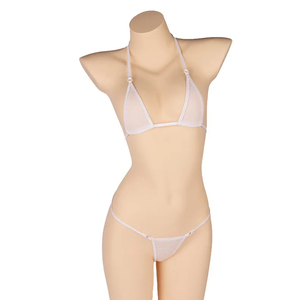 Women Solid Color Mesh High Waist Push Bikini Set Crossed Halter <b>Thong</b> Bottom Spandex Nylon 2 Piece Swimwear Tie Side String - Product Image 5