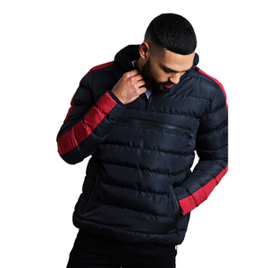 Men's Navy <b>Red</b> Color Block Hooded Puffer <b>Jacket</b> Quarter Zip Windproof Casual Winter Coat Thick Polyester Wadding - Product Image 1