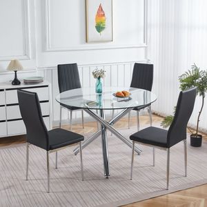Set da Pranzo Mid-Century 1+4,5 Pezzi con Tavolo con Gambe in Metallo per 4-6 Persone, Piano in Vetro, Tavolo da Pranzo con Base a Piedistallo per Sala da Pranzo - Product Image 1