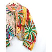 Veste Kimono Bohème Kantha Unisexe en Coton Matelassé Respirant Imprimé Patchwork Fait Main, Motif Floral Vintage, Printemps Hiver