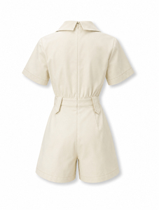 Mono corto informal de manga corta color crema para mujer, ODM OEM, con cintura elástica, poliéster y spandex, LAVINA - Product Image 4