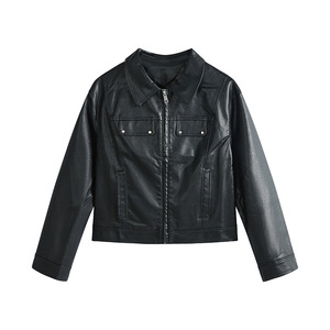 Veste en cuir unisexe, col rabattu, fermeture éclair, longueur courte, couleur unie, style décontracté, manches classiques, pour l'automne - Product Image 3