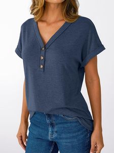 Women's <b>Navy</b> Blue V-Neck Short Sleeve Knitted T-Shirt With Button Detail Loose Fit Casual Solid Color Spring Summer <b>Top</b> - Product Image 3