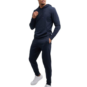 Men's Navy Blue Hooded Tracksuit 100% Cotton Full Length Solid Color Casual Wear With Side Pockets Elastic Waist Winter Style - Product Image 2
