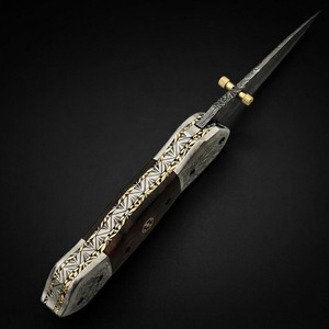 Couteau pliant artisanal DIY en acier Damas à lame coulissante, avec étui en cuir OEM, pour la chasse, le camping et la survie, lame Drop Point - Product Image 4