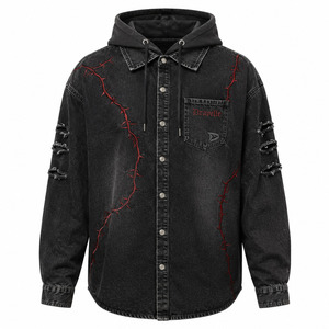 Faded Charcoal Grey Hooded Shacket Slouchy Hip Hop Urbanwear Distressed Jean <b>Shirt</b> With Embroidered Logo - Product Image 3