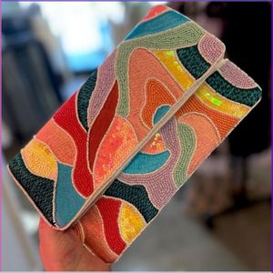 Beaded Abstract Art Clutch Handmade Flap Closure Evening Party Bag - Product Image 1