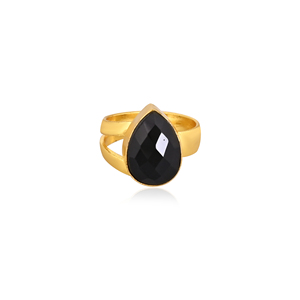 Gold Plated Black Onyx Gemstone <b>Ring</b> Handmade <b>Adjustable</b> Stylish Brass Jewelry for Women - Product Image 1