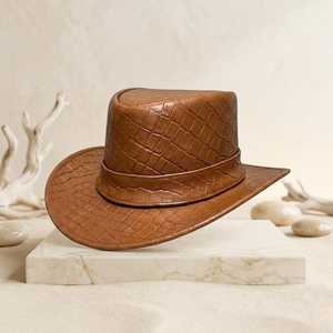 Chapeau de cowboy en cuir embossé fait main de qualité supérieure, vintage marron - Product Image 2