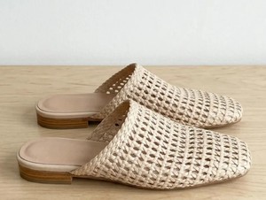 Woven Leather Mules Cream Slides Square Toe Flat Loafers Raffia <b>Shoes</b> Summer Sandals - Product Image 1
