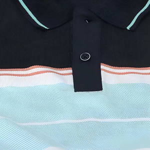 Polo en tricot à manches courtes pour homme, design rayé décontracté, coupe classique, bleu clair, col marine avec bordure menthe - Product Image 2