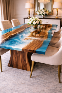 Table à manger de luxe en bois de noyer à bords naturels et résine époxy bleue, design moderne, faite à la main, mobilier de bureau d'exception - Product Image 3