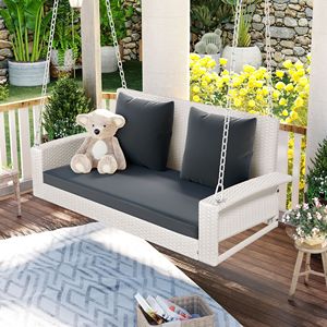 2-Person Wicker Hanging Porch Swing <b>Bench</b> with Chains <b>Cushion</b> Pillow for Garden Backyard or Pond - Product Image 2