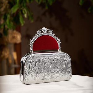 <b>Evening</b> Bag Hand Engraved Silver Tone Metal Envelope Shape Handbag Acanthus Scroll Handle <b>Red</b> Velvet Lining Floral Embroidery - Product Image 3