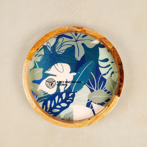 Bandeja Redonda de Madera de Mango con Resina Epoxi y Diseño de Hojas Botánicas Azules – Bandeja Decorativa de Madera para Servir Té, Café y Aperitivos - Product Image 1