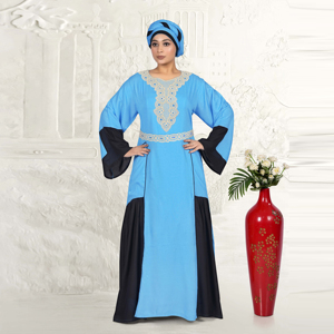 Caftán de Rayón con Cuello Redondo, Detalles de Paneles en Dos Tonos, Mangas Acampanadas, Estilo Modesto, Color Sólido, para Eid, Ramadán, Oración, Silueta Larga hasta el Suelo - Product Image 2