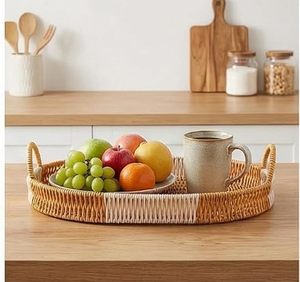 Rattan Oval Serving Tray Handwoven Wicker Breakfast Tray Decorative <b>Basket</b> Tray for Kitchen Dining Coffee <b>Table</b> Home Decor - Product Image 2