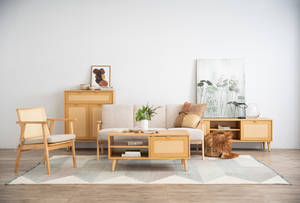 Sleek Modern Walnut Finish Media Console with 2 Rattan Sliding Doors <b>Open</b> Shelf Cable Management for Living Room Home Theater - Product Image 3